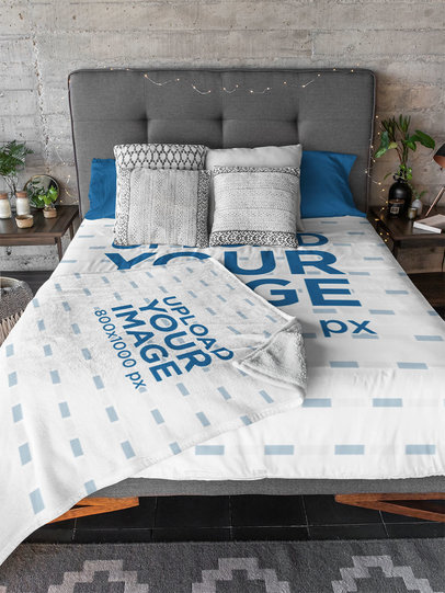 Mockup of a Bed with a Duvet Cover and a Fleece Blanket on Top