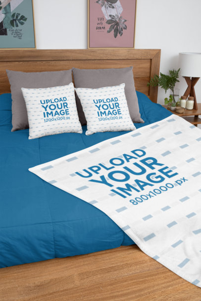 Mockup of Two Pillows and a Blanket Placed on a Tidy Bed 