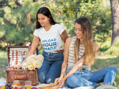 T-Shirt Mockup of a Woman on a Picnic with Her Friend