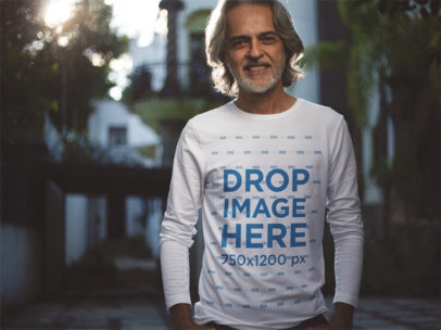 Long Sleeve T-Shirt Mockup of a Stylish Older Man in his House