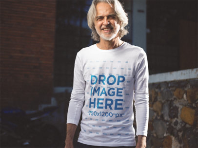 Long Sleeve Tee Mockup Featuring a Hip Older Man in the Street