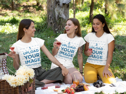 T-Shirt Mockup Featuring Three Happy Female Friends Having a Picnic 