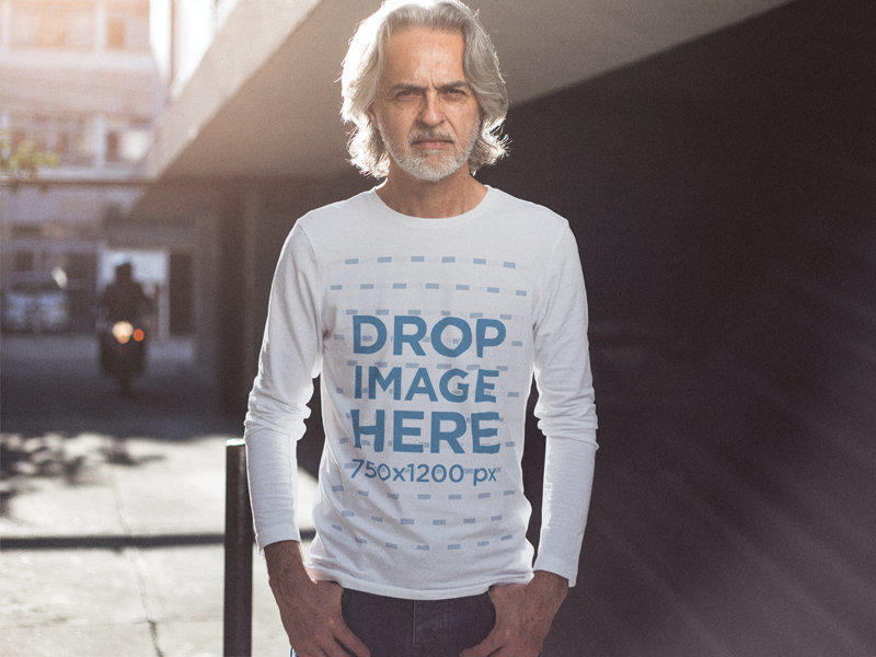 Mockup of a Long Sleeve Tee Featuring a Cool Senior Man