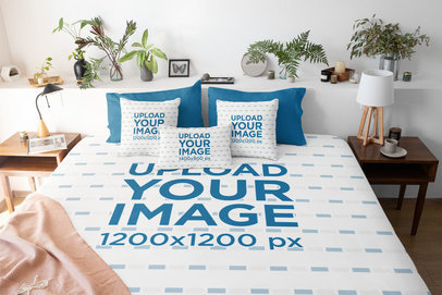 Duvet Cover Mockup Featuring Three Customizable Pillows and a Bedroom With Plants 