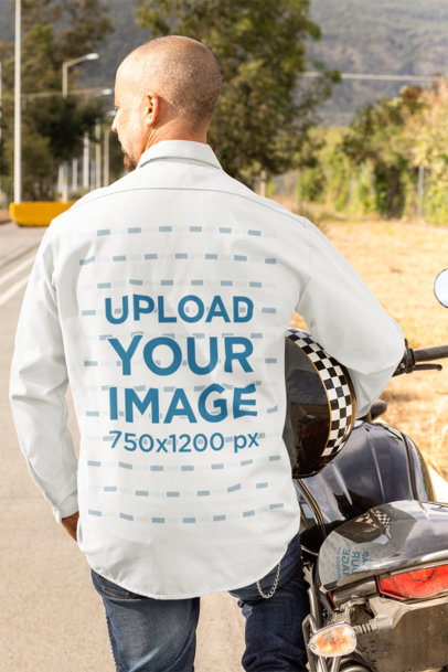 Back-View Mockup of a Biker Wearing a Button-Up Shirt
