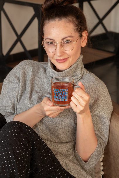 Glass Mug Mockup of a Woman Drinking Tea