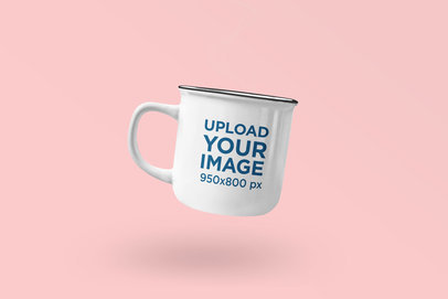 Mockup Featuring a Customizable Enamel Mug Floating Against a Plain Color Backdrop