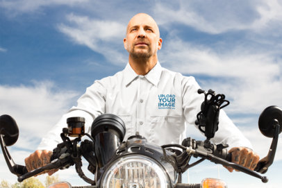 Mockup of a Man in a Button Shirt Riding His Motorcycle