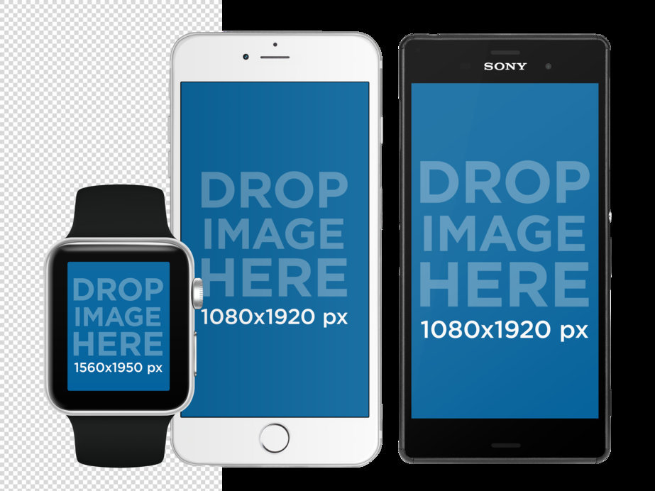 Smartwatch with iPhone 6 and Android Phone Set in Portrait Position Mockup