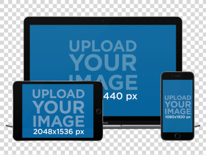 Front View Mockup of an iPad Mini and iPhone with a MacBook Pro