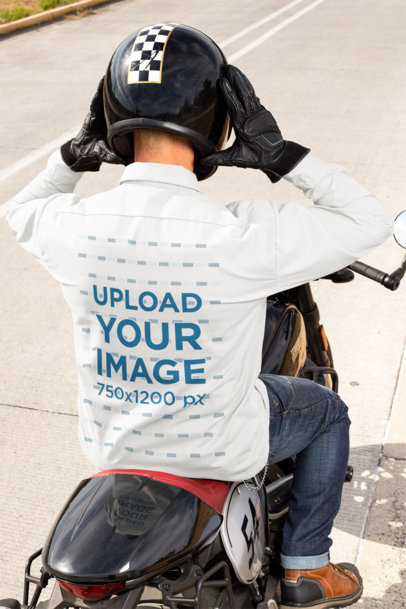 Button-Up Shirt Featuring a Biker Putting His Helmet on 31844