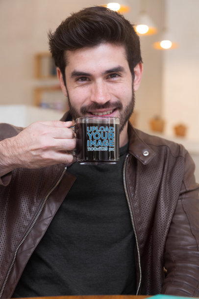 Clear Glass 11 oz Coffee Mug Mockup Featuring a Smiling Man 31775