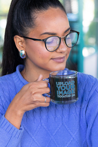 Clear Mug Mockup of a Young Woman Tasting Her Morning Coffee