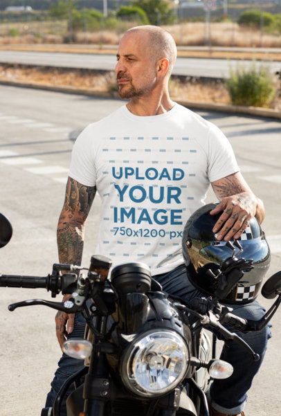 T-Shirt Mockup Featuring a Man on His Motorcycle