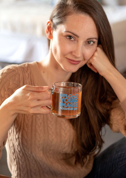 11 oz Clear Mug Mockup of a Woman Having a Cup of Tea