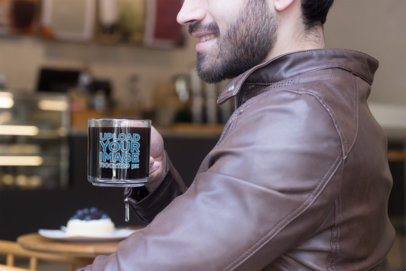 Mockup of a Bearded Man Drinking Coffee from a Glass Mug