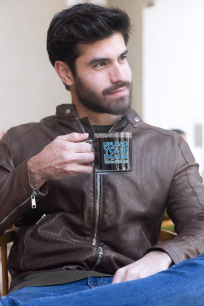 11 oz Glass Mug Mockup of a Bearded Man with a Leather Jacket