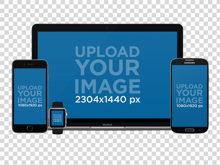 MacBook + iPhone + Apple Watch and Samsung Galaxy Mockup in Portrait Positon (Front View)