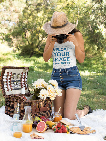 Tank Top Mockup of a Woman Taking Pictures of Her Picnic Setup
