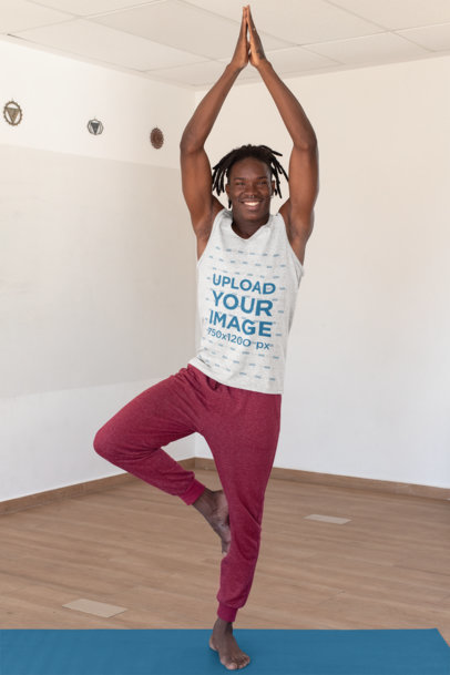 Heather Tank Top Mockup of a Man Doing a Balance Yoga Pose