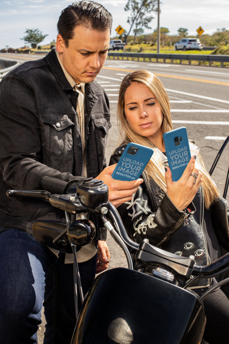 Phone Case Mockup of a Couple Holding an iPhone 11 and an Android Phone