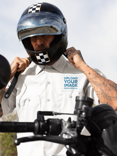 Button-Up Shirt Mockup Featuring a Biker with His Helmet On