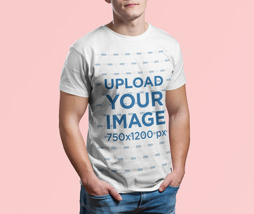 Cropped Face T-Shirt Mockup Featuring a Man at a Studio 