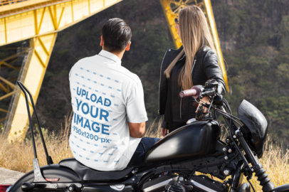 Back-View Button Up Shirt Mockup of a Biker on a Road Trip 31859