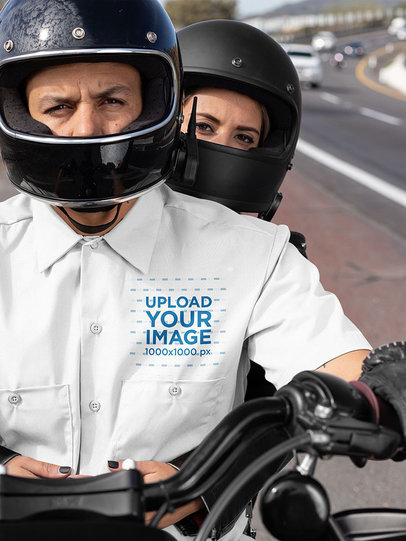 Button-Up Shirt Mockup of Two Bikers Riding a Motorcycle