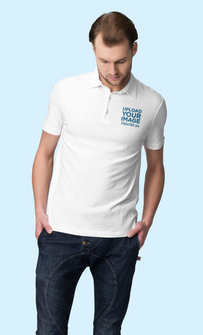 Polo Shirt Mockup Featuring a Man Looking Downwards 