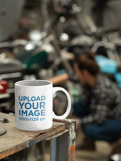 Mockup of a Coffee Mug at a Mechanic Garage 31795