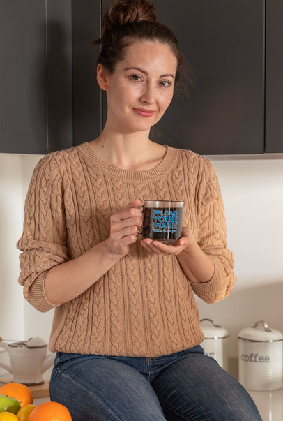 Mockup of Happy Woman Drinking Coffee from an 11 oz Clear Mug