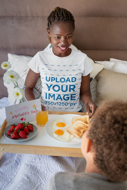T-Shirt Mockup of a Woman Having Breakfast on Mother's Day