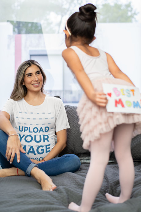 Mockup of a Woman with a T-Shirt Smiling at Her Daughter 