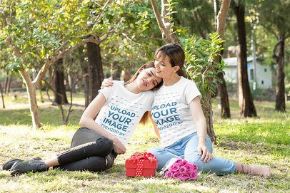 T-Shirt Mockup Featuring a Mom and Daughter Hugging at a Park