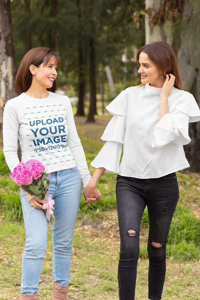 Long Sleeve Tee Mockup Featuring a Mom and Daughter in the Woods