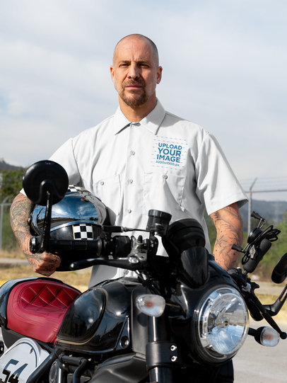 Button Up Shirt Mockup of a Tough Man with His Motorcycle