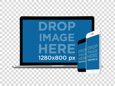 MacBook Pro with iPhone and iPhone Plus in Angled Position Mockup