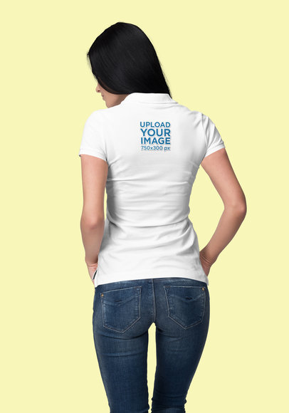 Back View Polo Mockup Featuring a Long-Haired Woman at a Studio
