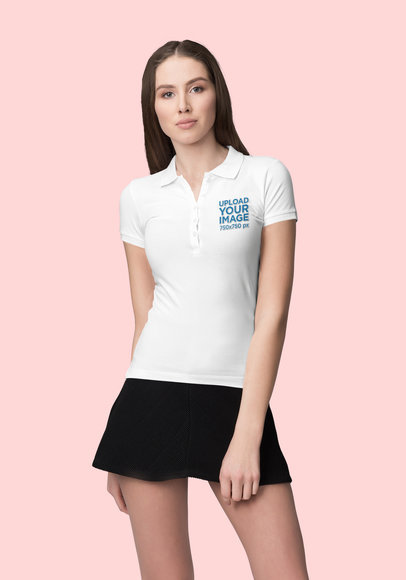 Mockup of a Young Woman Wearing a Polo Shirt at a Studio