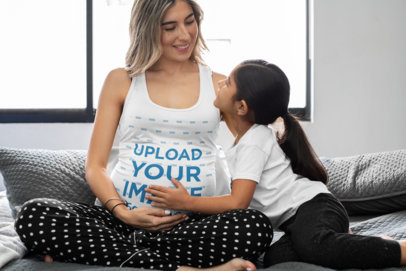 Tank Top Mockup of a Pregnant Woman and Her Daughter