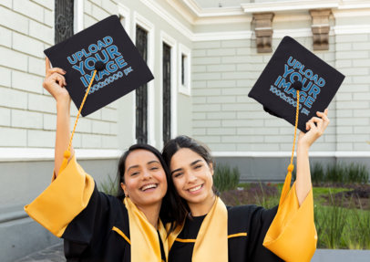 Graduation Cap Mockup Featuring Two Friends on Their Graduation Day 
