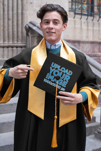 Mockup of a Student Pointing at His Graduation Cap