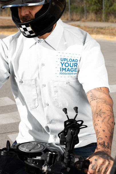 Button Up Shirt Mockup of a Tattooed Man on His Motorcycle