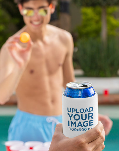 Koozie Mockup Featuring a Man Playing Beer Pong