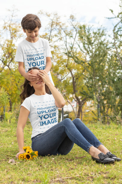 T-Shirt Mockup Featuring a Boy Playing with His Mom 