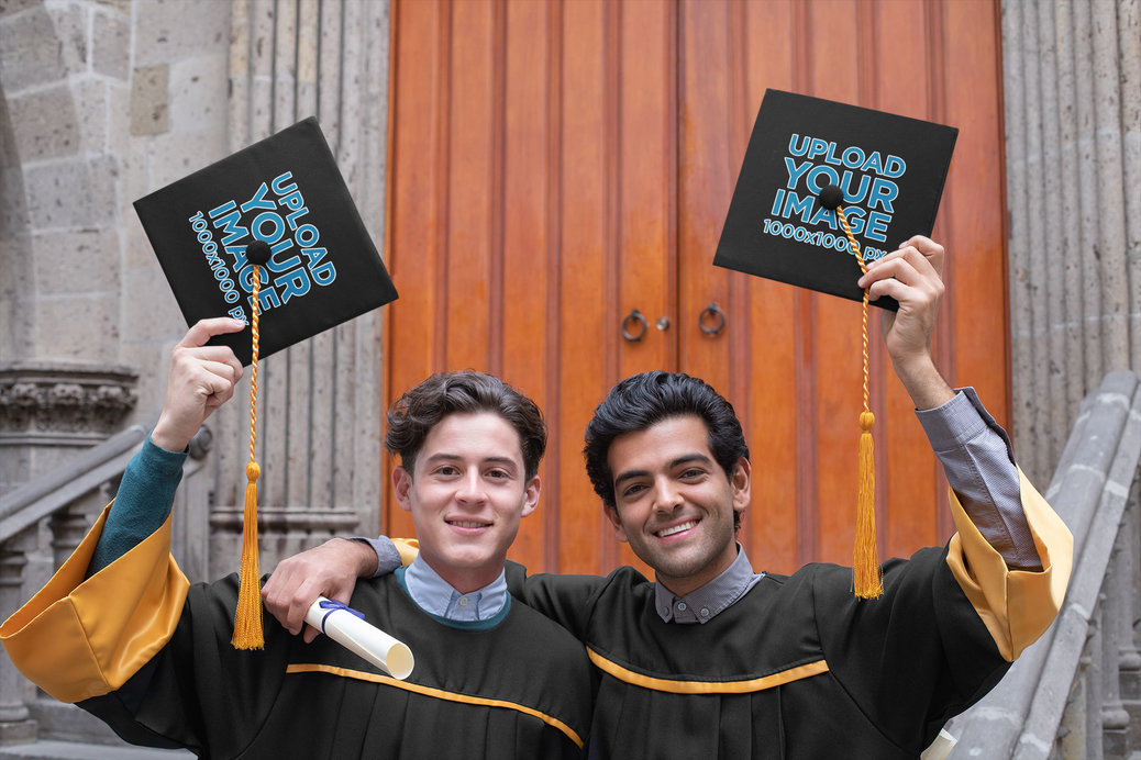 Mockup of Two Friends Holding Their Graduation Caps