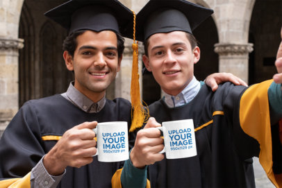 Mockup Featuring Two Graduates Taking a Selfie with Their Coffee Mugs 
