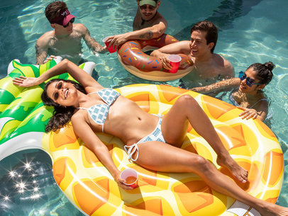 Bikini Swimsuit Mockup Featuring a Woman in a Pool with Her Friends 