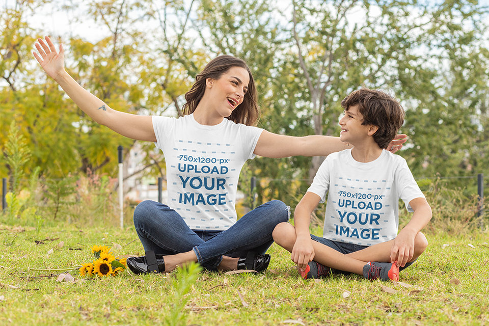 Mockup of a Mom and Kid with T-Shirts Playing in the Park 